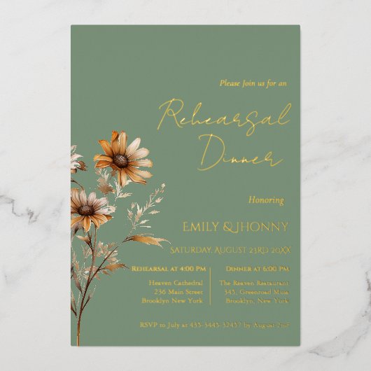 Sage Groen Monogram Wildflower Repetitie Diner Folie Uitnodiging (Voorkant)