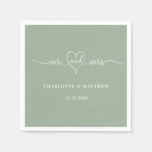 Sage groen mr mrs hart script eenvoudige bruiloft servet (Voorkant)