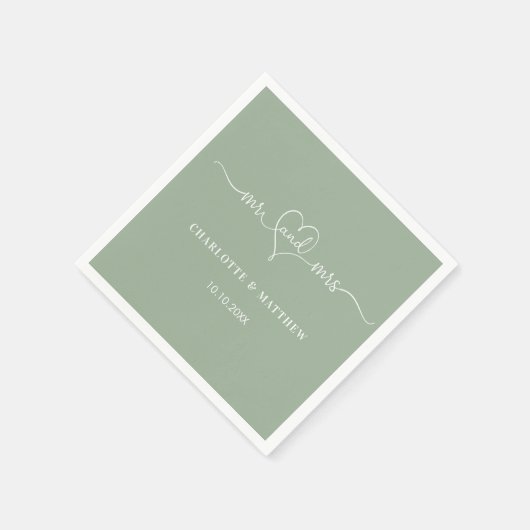 Sage groen mr mrs hart script eenvoudige bruiloft servet (Hoek)