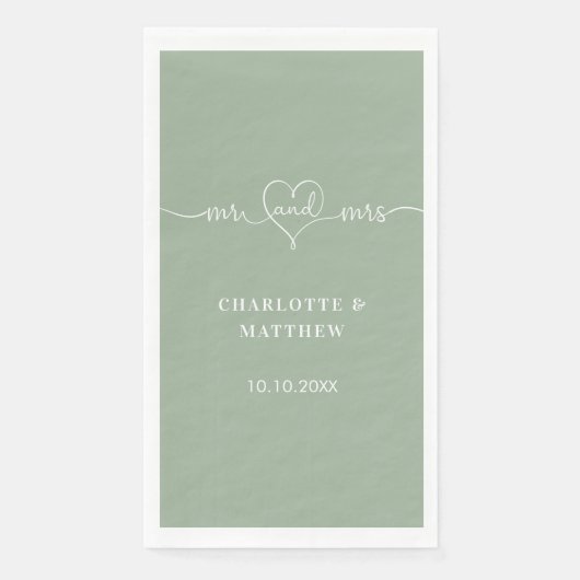 Sage groen mr mrs hart script eenvoudige bruiloft servet (Voorkant)