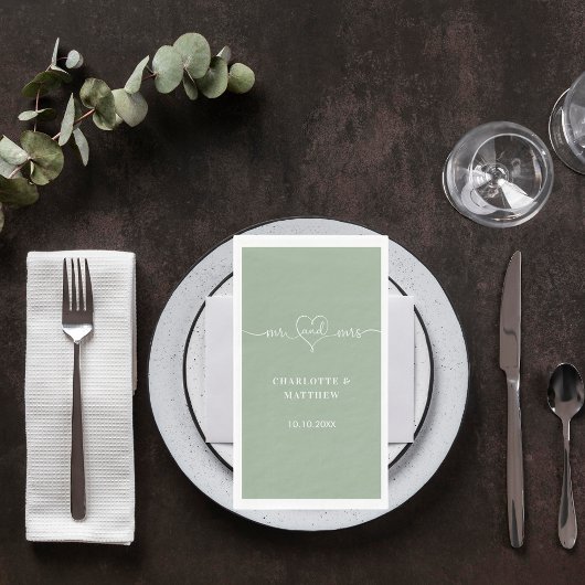 Sage groen mr mrs hart script eenvoudige bruiloft servet