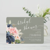 Sage Groen Navy Bloemrijke Bruiloftsdouche Kaart (Staand voorkant)