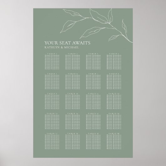 Sage Groen Olijfblad Bruiloft 20 Tafel Zitplaatsen Poster (Voorkant)