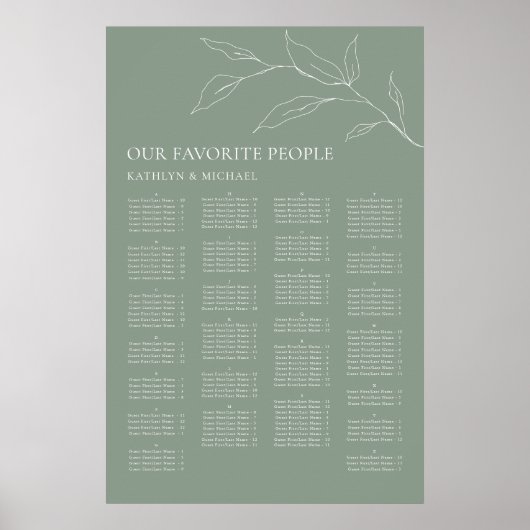 Sage Groen Olijfblad Bruiloft Alfabetische Zitplaa Poster (Voorkant)