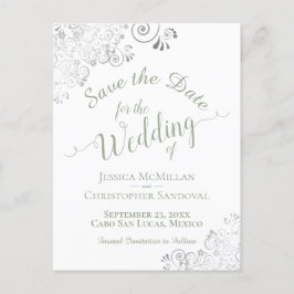 Sage Groen op White Lacy Bruiloft Save the Date Aankondigingskaart