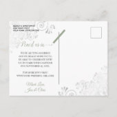 Sage Groen op White Lacy Bruiloft Save the Date Aankondigingskaart (Achterkant)