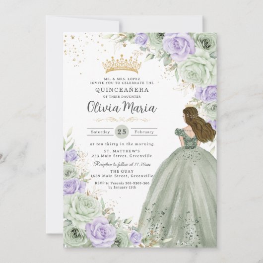 Sage Groen Paarse Bloemen Prinses Gown Quinceañera Kaart (Voorkant)