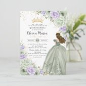 Sage Groen Paarse Bloemen Prinses Gown Quinceañera Kaart (Staand voorkant)