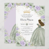 Sage Groen Paarse Bloemen Prinses Gown Quinceañera Kaart (Voorkant / Achterkant)