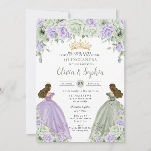 Sage Groen Paarse Bloemen Tweeling Meisjes Quincea Kaart (Voorkant)