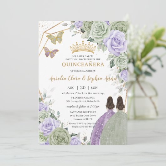 Sage Groen Paarse Lavendel Floral Twin Quinceañera Kaart (Staand voorkant)