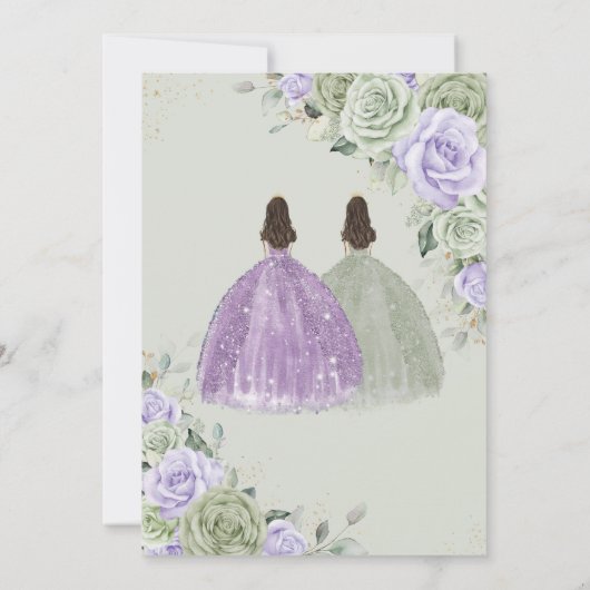 Sage Groen Paarse Lavendel Floral Twin Quinceañera Kaart (Achterkant)