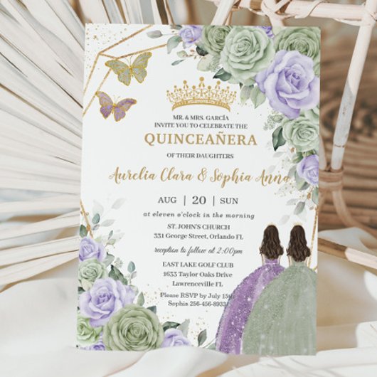 Sage Groen Paarse Lavendel Floral Twin Quinceañera Kaart