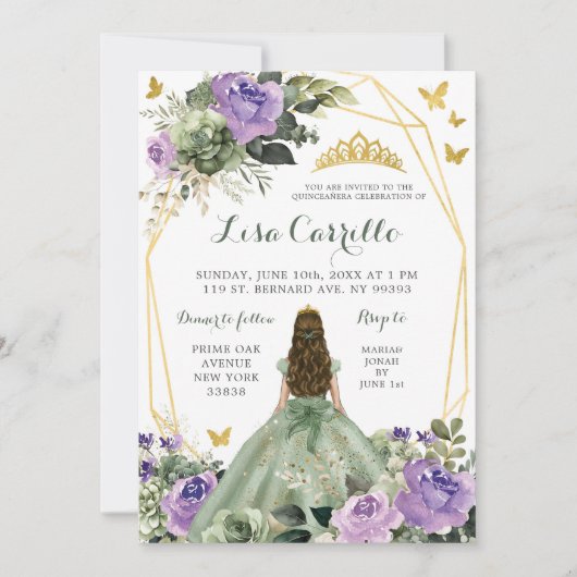 Sage Groen Paarse Lila Prinses Quinceañera Kaart (Voorkant)