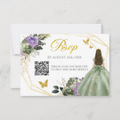 Sage Groen Paarse Prinses Quinceañera QR RSVP Kaartje (Voorkant)