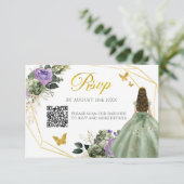 Sage Groen Paarse Prinses Quinceañera QR RSVP Kaartje (Staand voorkant)