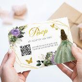 Sage Groen Paarse Prinses Quinceañera QR RSVP Kaartje