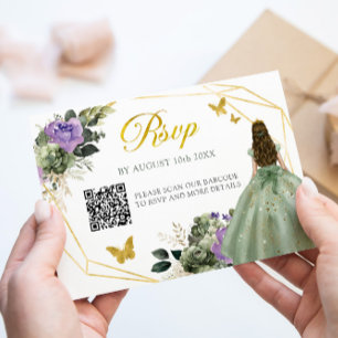 Sage Groen Paarse Prinses Quinceañera QR RSVP Kaartje