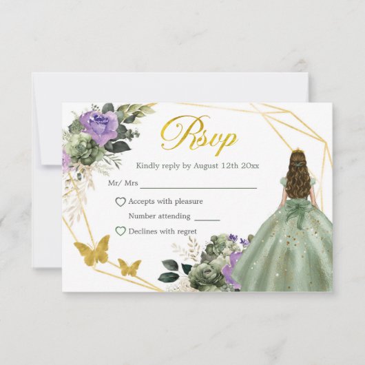 Sage Groen Paarse Prinses Quinceañera RSVP Kaartje (Voorkant)