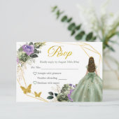 Sage Groen Paarse Prinses Quinceañera RSVP Kaartje (Staand voorkant)