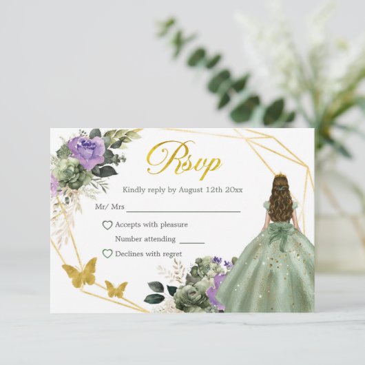 Sage Groen Paarse Prinses Quinceañera RSVP Kaartje (Staand voorkant)
