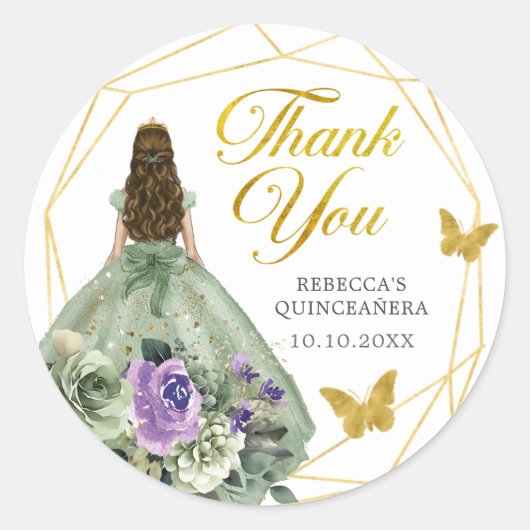 Sage Groen Paarse Quinceañera Bedankt Ronde Sticker (Voorkant)