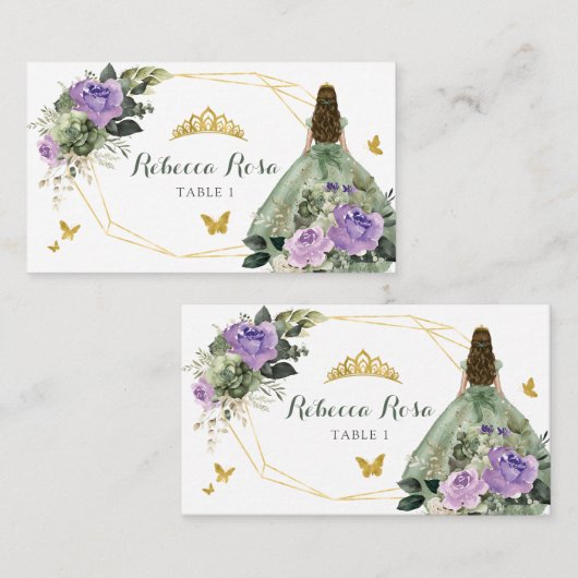 Sage Groen Paarse Quinceañera Plaatskaartje (Voorkant / Achterkant)