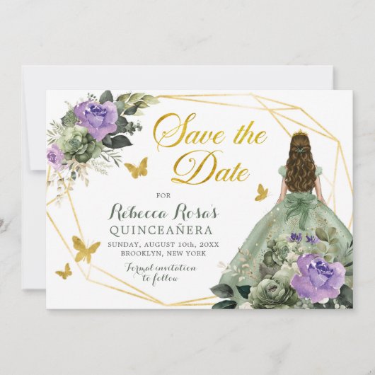 Sage Groen Paarse Quinceañera Save The Date Kaart (Voorkant)