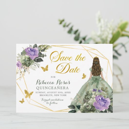 Sage Groen Paarse Quinceañera Save The Date Kaart (Staand voorkant)
