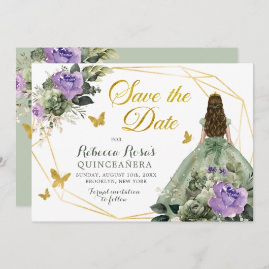 Sage Groen Paarse Quinceañera Save The Date Kaart (Voorkant / Achterkant)
