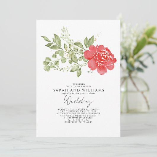 Sage Groen Rood Bloemen Boho Bruiloft Kaart (Staand voorkant)