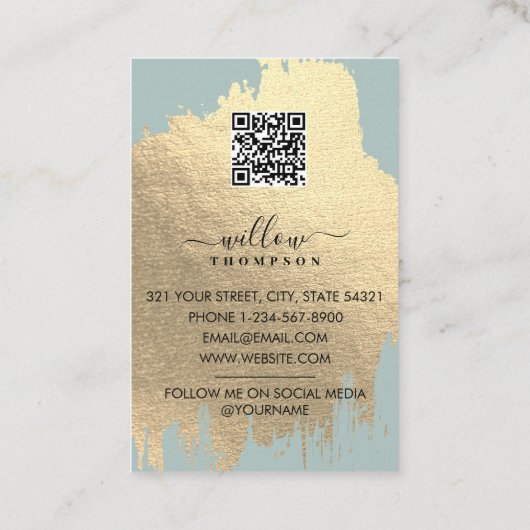 Sage Groen Roos Gouden Folie Brush Stroke QR Code Visitekaartje (Achterkant)