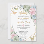 Sage Groen Roze Blauw Bloemen Quinceañera Sweet 16 Kaart (Voorkant)