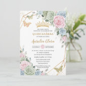 Sage Groen Roze Blauw Bloemen Quinceañera Sweet 16 Kaart (Staand voorkant)