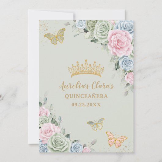 Sage Groen Roze Blauw Bloemen Quinceañera Sweet 16 Kaart (Achterkant)