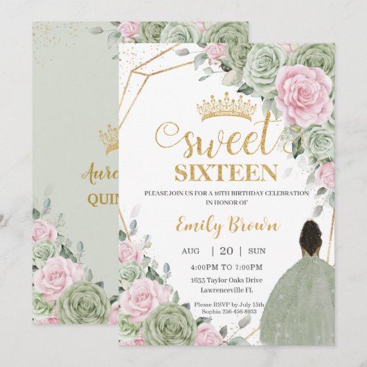 Sage Groen Roze Bloemen Bruin Meisje Zoet Zestien Kaart (Voorkant / Achterkant)