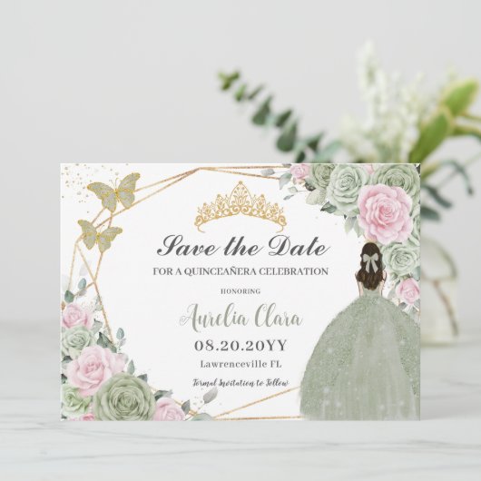 Sage Groen Roze Bloemen Goud Quinceanera Prinses Save The Date (Staand voorkant)
