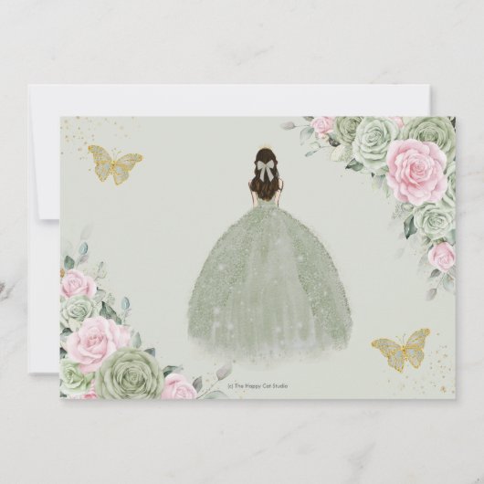 Sage Groen Roze Bloemen Goud Quinceanera Prinses Save The Date (Achterkant)
