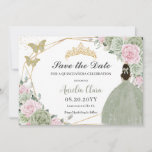 Sage Groen Roze Bloemen Goud Quinceanera Prinses Save The Date<br><div class="desc">c) De Happy Cat Studio</div>