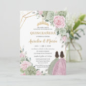Sage Groen Roze Bloemen Goud Quinceañera Twins Kaart (Staand voorkant)
