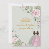 Sage Groen Roze Bloemen Goud Quinceañera Twins Kaart (Achterkant)