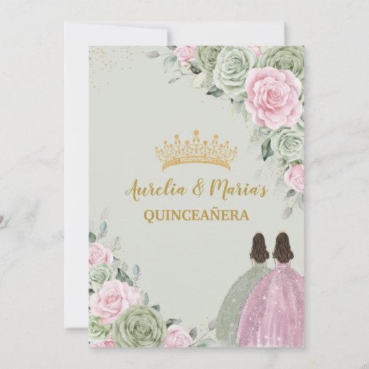 Sage Groen Roze Bloemen Goud Quinceañera Twins Kaart (Achterkant)