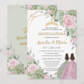 Sage Groen Roze Bloemen Goud Quinceañera Twins Kaart (Voorkant / Achterkant)