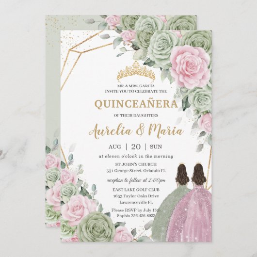 Sage Groen Roze Bloemen Goud Quinceañera Twins Kaart (Voorkant / Achterkant)