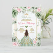 Sage Groen & Roze Bloemen Mis Quince 16e Verjaarda Kaart (Staand voorkant)