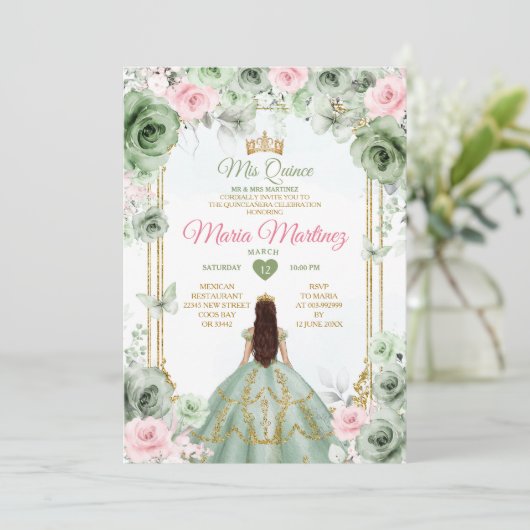 Sage Groen & Roze Bloemen Mis Quince 16e Verjaarda Kaart (Staand voorkant)