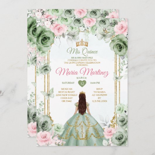 Sage Groen & Roze Bloemen Mis Quince 16e Verjaarda Kaart (Voorkant / Achterkant)