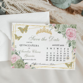 Sage Groen Roze Bloemen Quinceanera 16e Kalender Save The Date