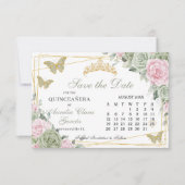 Sage Groen Roze Bloemen Quinceanera 16e Kalender Save The Date (Voorkant)