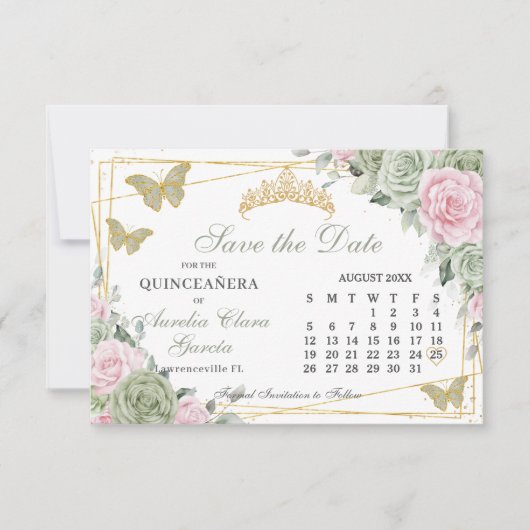Sage Groen Roze Bloemen Quinceanera 16e Kalender Save The Date (Voorkant)